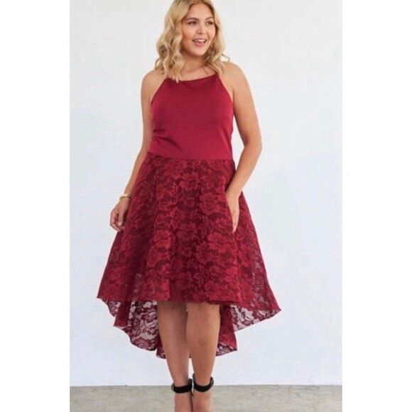 FTF NWT Plus Size 0X Red Dainty Elegant Lace High Low Cut Party Midi Dress - Picture 1 of 8